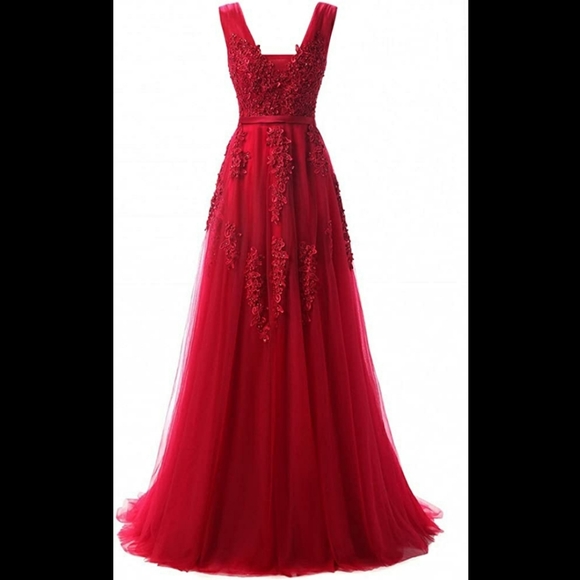 Double V- Neck Tulle Long Evening Cocktail Gown - Picture 2 of 11